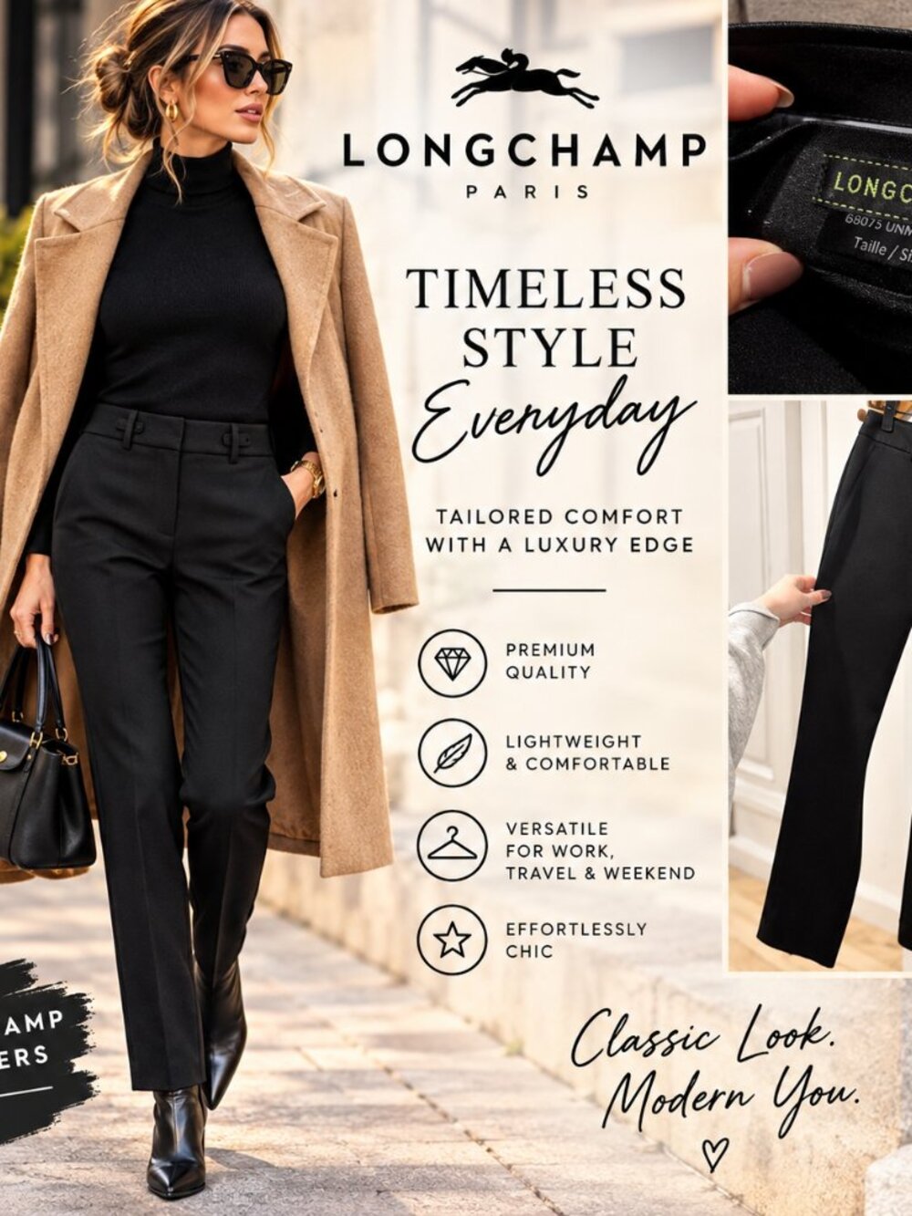 LONGCHAMP Paris Black Stretch Tailored Dress Pants Trousers Sz 34 / US 2